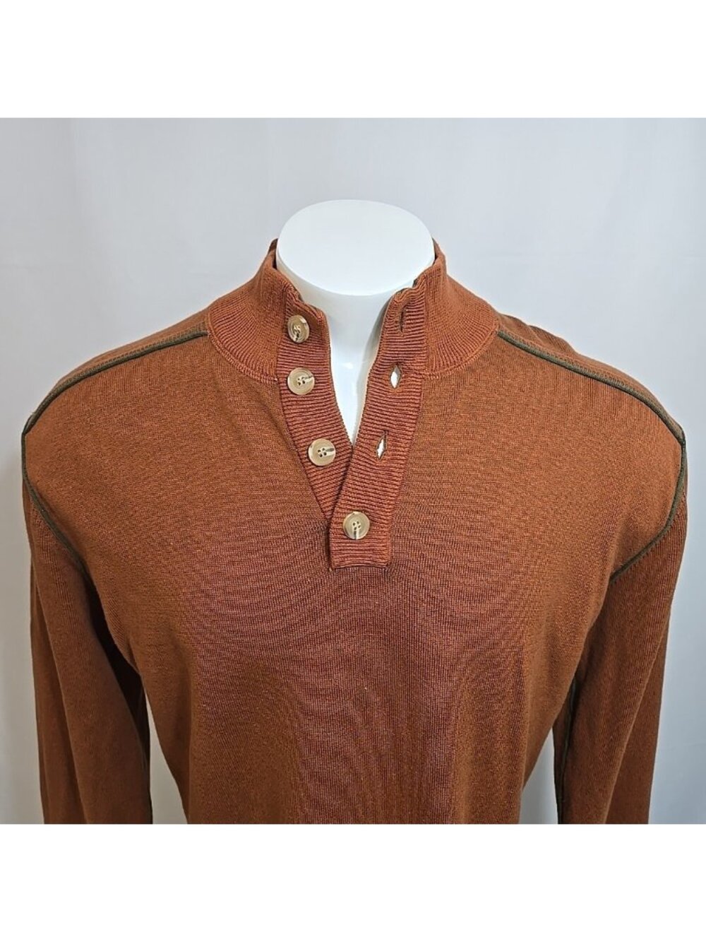 Sundance Highland Stitch Henley Sweater Mens Size XXL Cotton Knit Orange Green